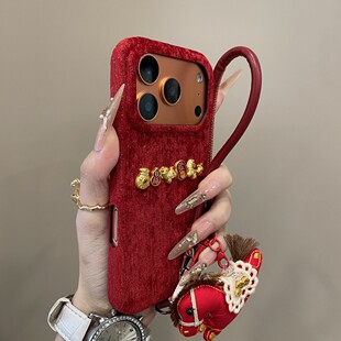 庞壳 新年红细闪绒布金福袋适用苹果17promax手机壳iPhone16pro创意15promax硬14promax保护套