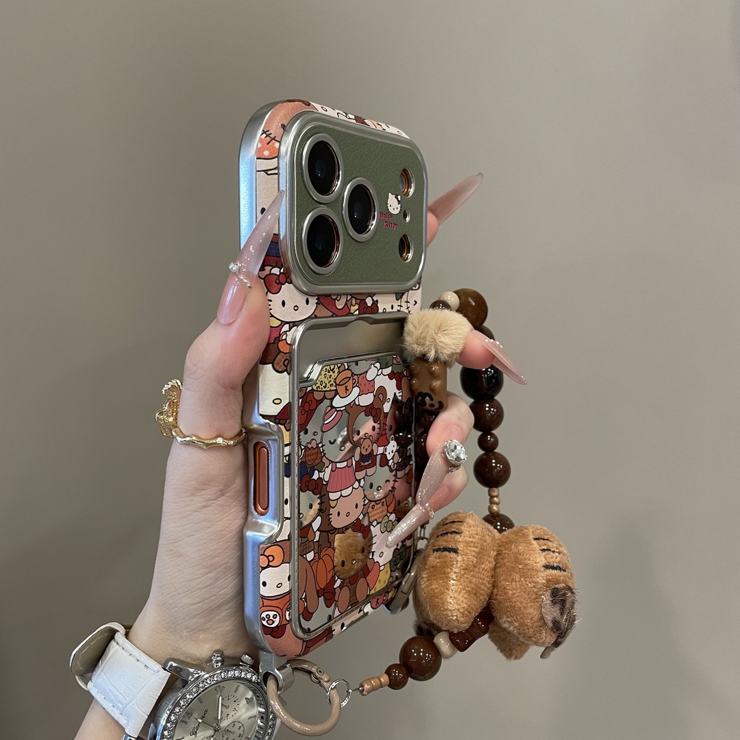 庞壳 卡通满屏镜面KT猫卡包适用iPhone17pro手机壳16promax保护套15pro手机壳14pro可爱15情侣