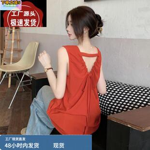 复古显白红色无袖衬衫女夏季设计感镂空露背宽松显瘦上衣背心外穿