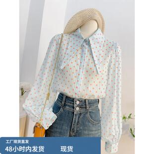 蓝色上衣波点衬衫女设计感小众春秋衬衣女款2026新款爆款雪纺衫女