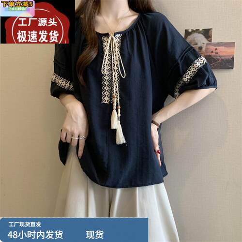 宽松泡泡袖短袖衬衫女2025新款夏大码胖mm显瘦民族风洋气减龄上衣