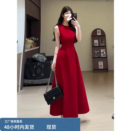红色无袖洋装子女夏季法式高级感订婚礼服裙敬酒服收腰显瘦长裙