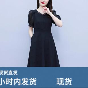 有口袋的黑色连衣裙女士2026新款显瘦遮肚微胖小个子妈妈夏季裙子