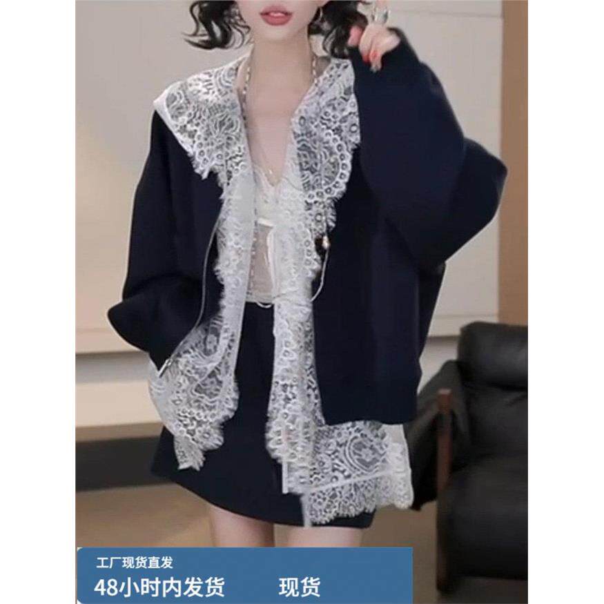 欧洲站时尚套装女减龄2025年秋季连帽蕾咝开衫卫衣外套短裙三件套