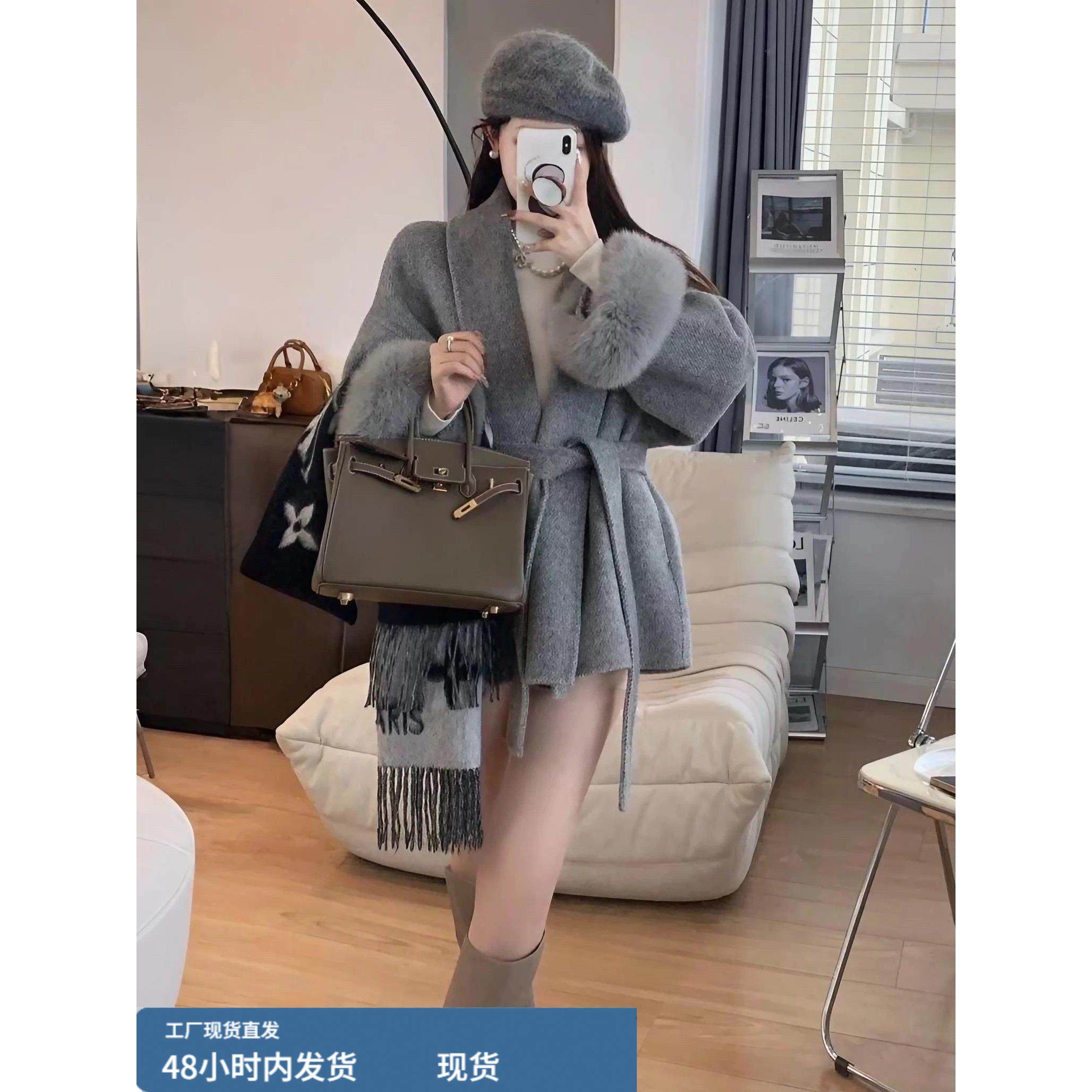 法式温柔风灰色毛呢外套女中长款系带收腰大衣高贵显气质,运动/瑜伽/健身/球迷用品,广场舞套装,淘宝优惠券,粉丝福利购,淘宝优惠卷