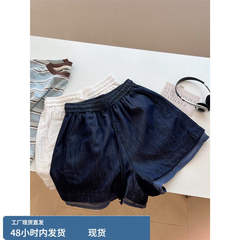 日系百搭覆古文艺高腰牛仔短裤女宽松慵懒假两件阔腿热裤学生夏季