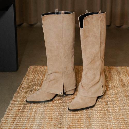 梨小七~欧美时尚绒面长筒裤管靴女尖头粗跟遮肉粗腿不过膝骑士靴