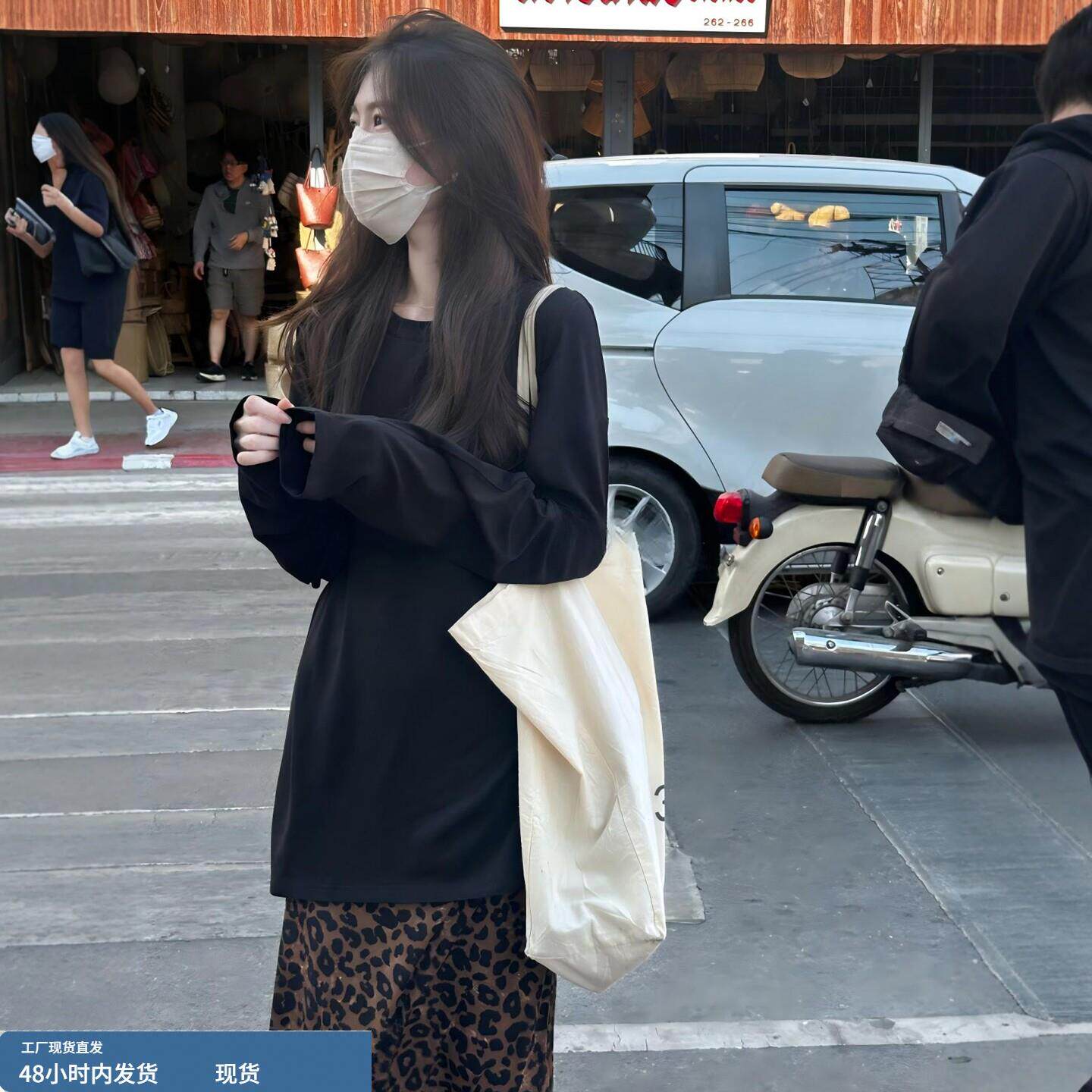 慵懒感黑色圆领中长款长袖T恤女2026早春新款宽松百搭垂感上衣潮