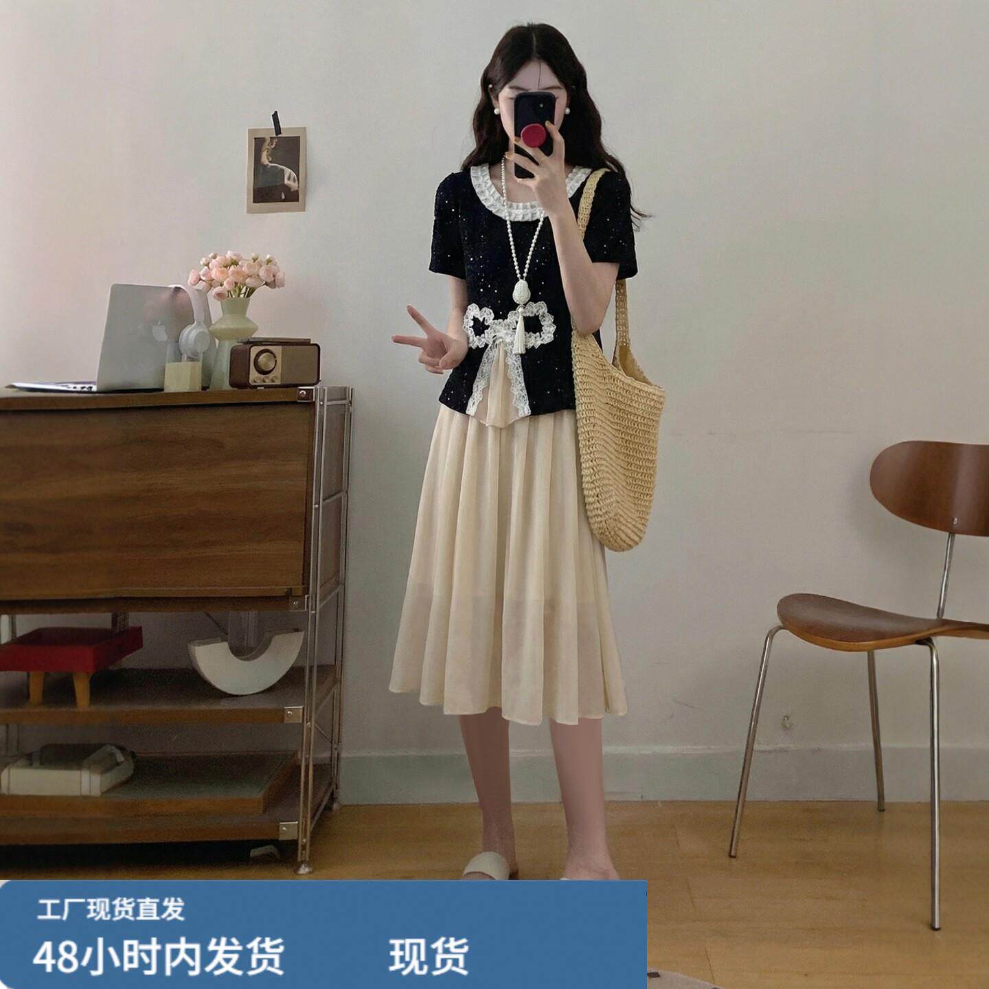 夏装穿搭一整套女大尺码微胖mm巨好看蝴蝶结亮片上衣半身裙子两件图片