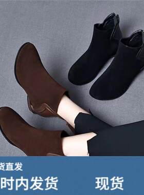 2025新款秋冬季磨砂短靴女真皮加绒平底女鞋冬款圆头皮鞋豆豆棉鞋