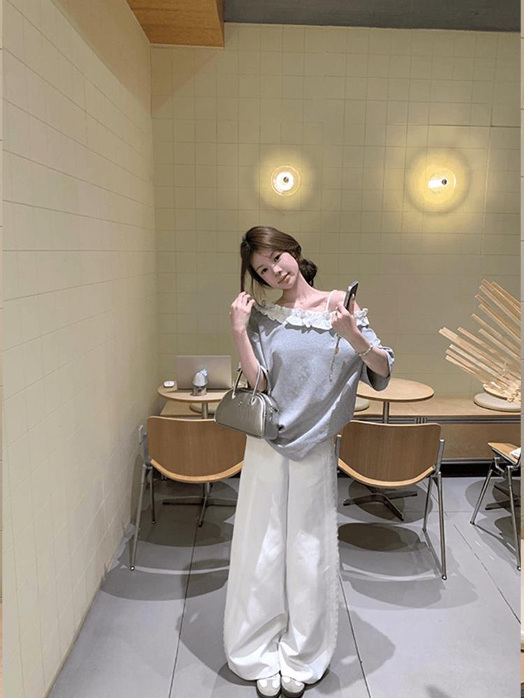 微胖mm设计感套装灰色斜肩撞色拼接短袖上衣休闲裤显瘦两件套女
