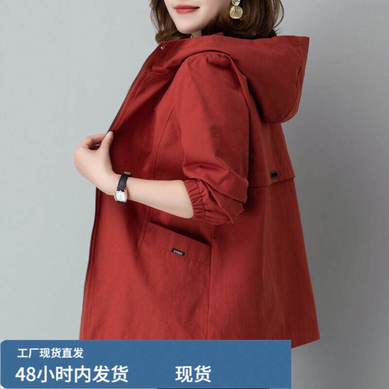 妈妈檰连帽风衣中年妇女秋季休闲夹克宽松大码纯色中老年上衣
