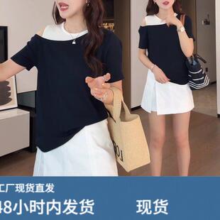 港风复古时髦套装女夏季新款假两件露肩短袖t恤时尚减龄条纹短袖