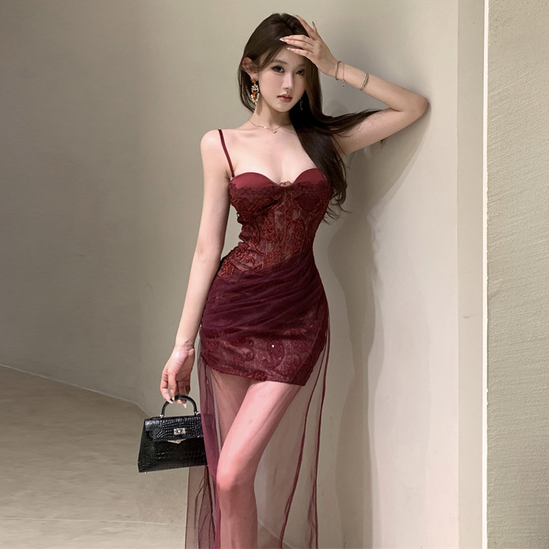 女装气质辣妹蕾丝拼接网纱修身