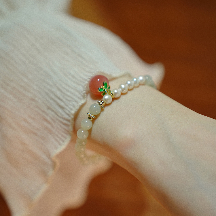 国风拼接珍珠仿玉石手链水蜜桃