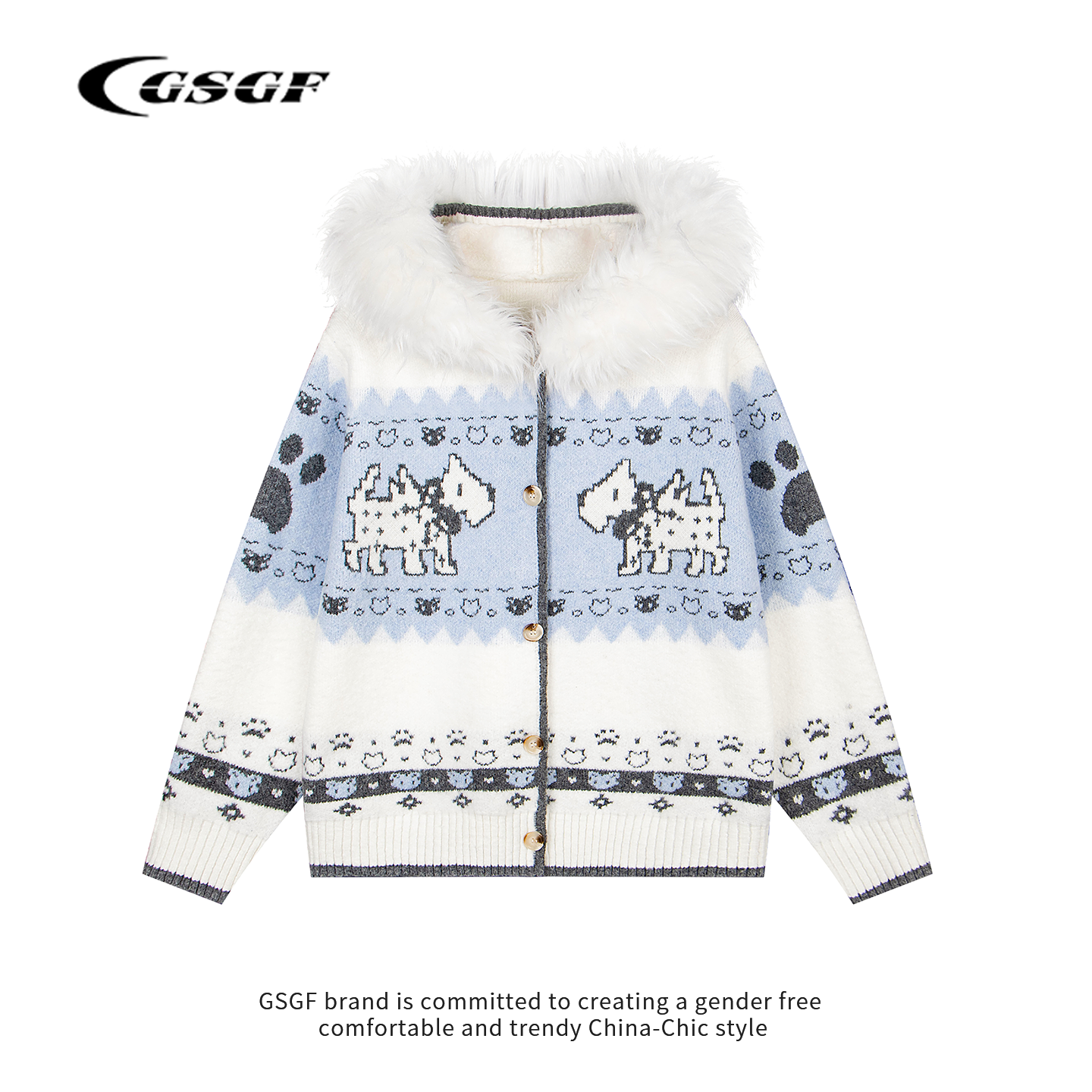 GSGF毛领提花针织费尔岛小狗毛衣