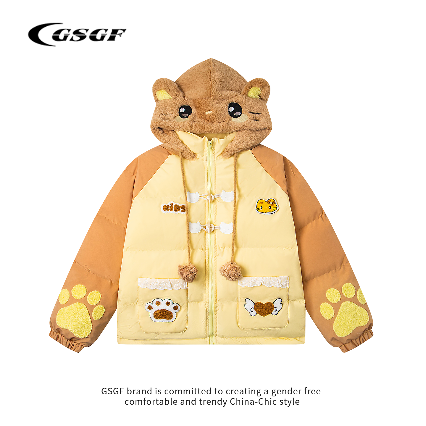 GSGF魔术贴猫咪立耳拼接连帽棉服