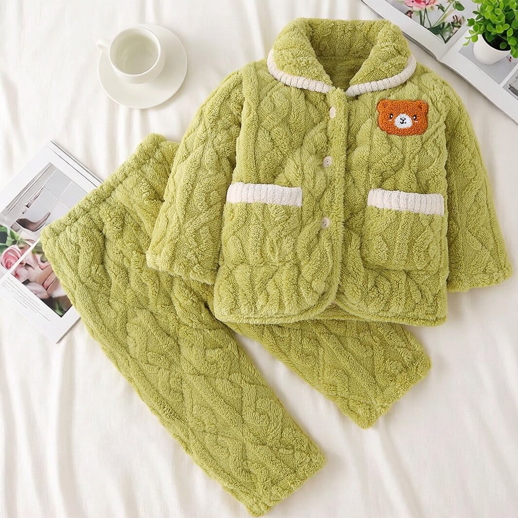 卡通法兰绒家居服套装冬季加厚三层夹棉男女童可爱风睡衣