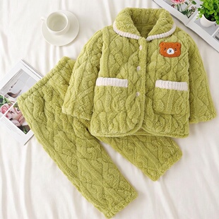 卡通法兰绒家居服套装 加厚三层夹棉男女童可爱风睡衣 冬季