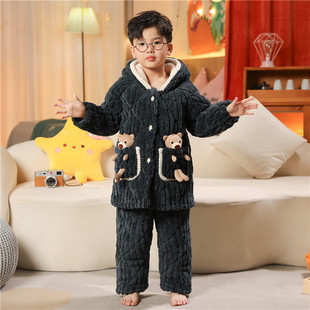 儿童睡衣冬季加厚款三层夹棉男童法兰绒套装小童女童珊瑚绒家居服