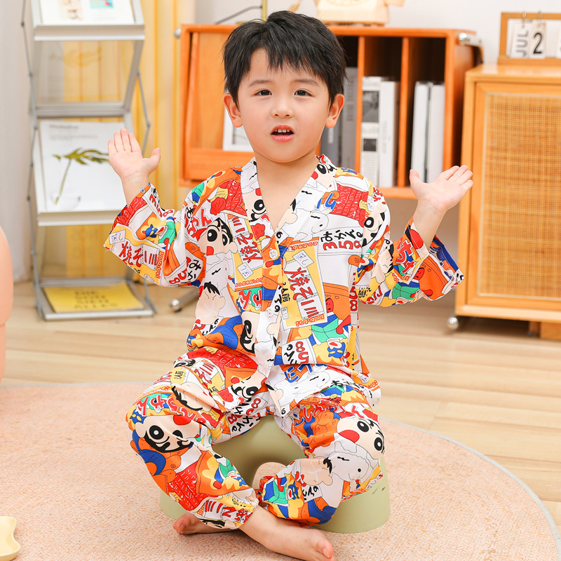 儿童睡衣夏季薄款绵绸男女童长袖套装棉绸宝宝小孩空调家居服套装