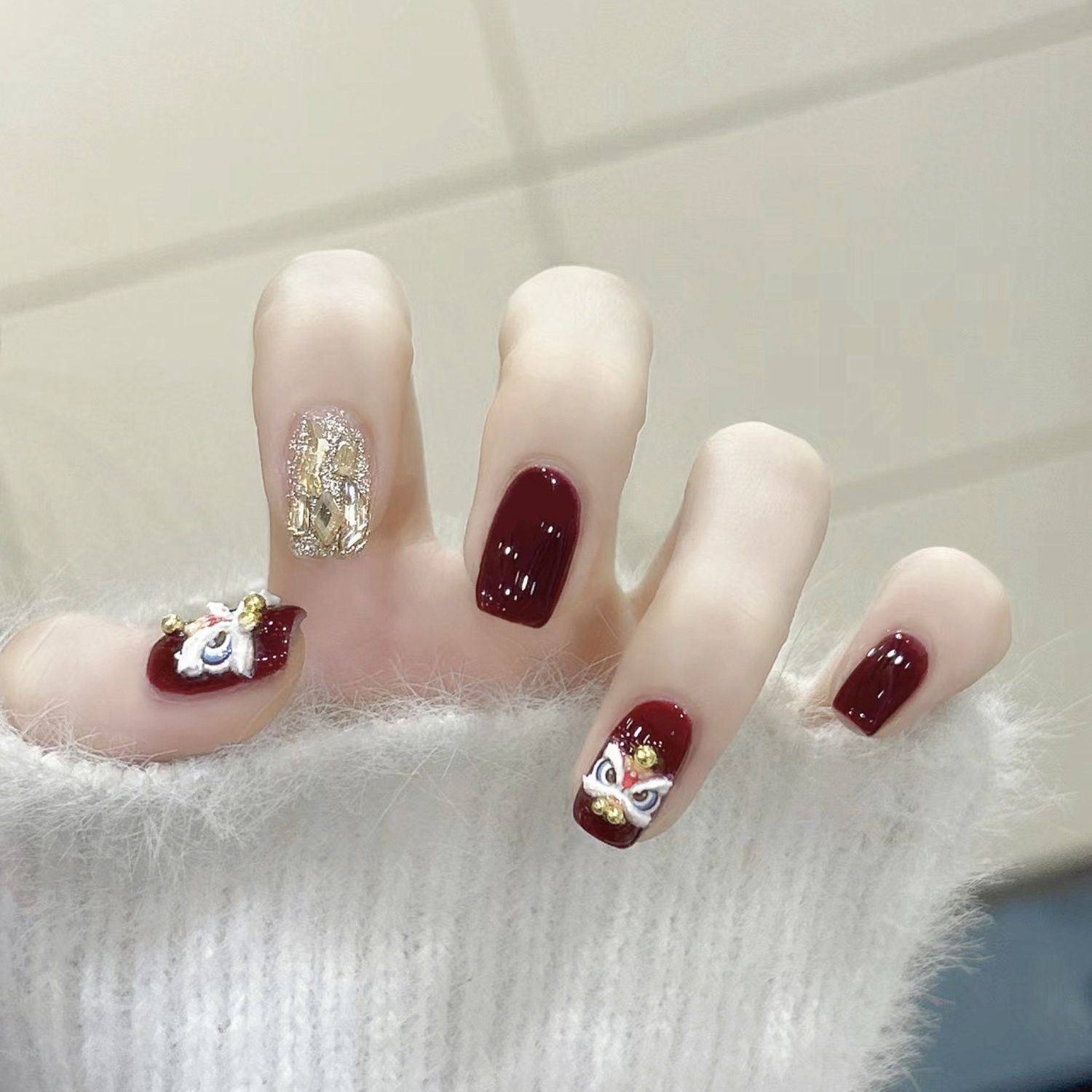 新年战甲喜事桃桃粉猫眼醒狮招财聚福如意显白光疗手工美甲穿戴甲,彩妆/香水/美妆工具,美甲工具,淘宝优惠券,粉丝福利购,淘宝优惠卷