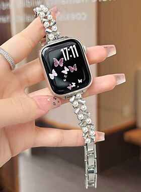 新款编织珍珠闪钻表带适用ApplewatchS11高级感S109876女SE高颜值