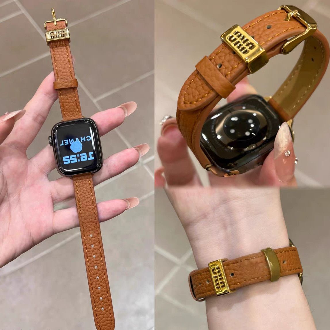 适用适用苹果手表iwatchS9/S10/S8/SE/华强北皮质表带荔枝纹百搭