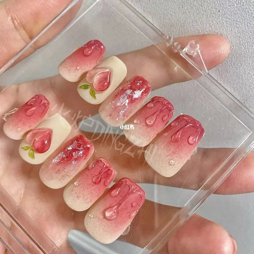 手工定制穿戴甲片成品腮红蜜桃可爱风中短款小红书可拆卸贴片