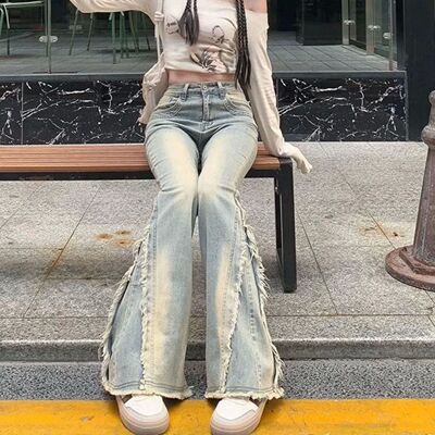 女士拼接直筒微喇休闲裤不易变形