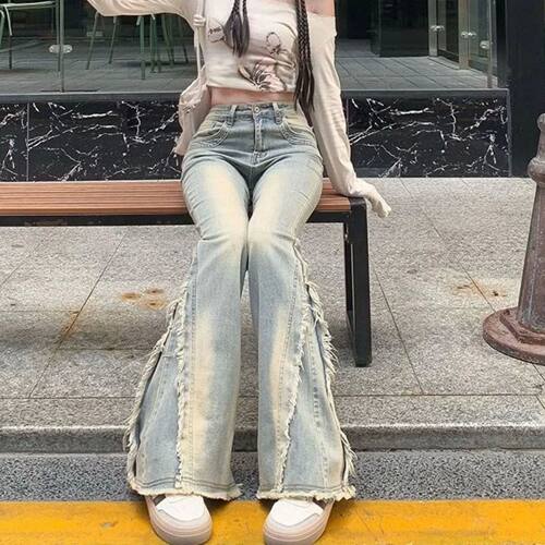 女士拼接直筒微喇休闲裤不易变形