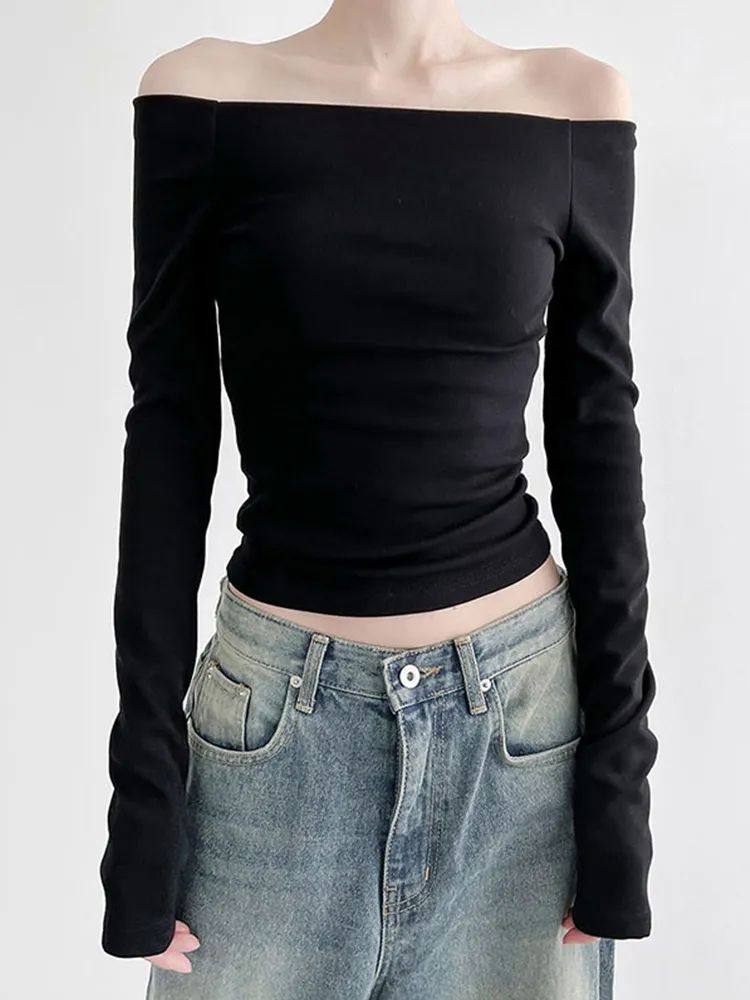 Solid One Line Neck Off Shoulder T-shirt 纯色一字领露肩T恤女