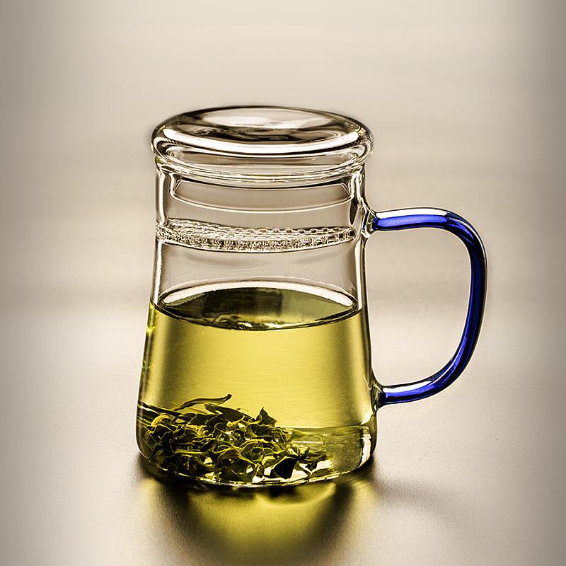 月牙杯耐热自带过滤玻璃杯龙井绿茶杯带盖办公室泡茶杯水杯子带把