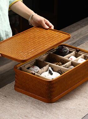 竹编内衬分隔篮手工带盖提篮覆古篮食盒便携功夫茶茶道茶具收纳盒