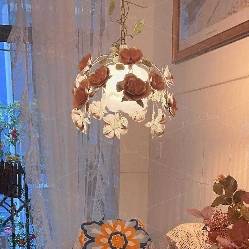 法式田园花朵餐厅吊灯网红复古创意吧台灯设计师个性餐桌灯具casa