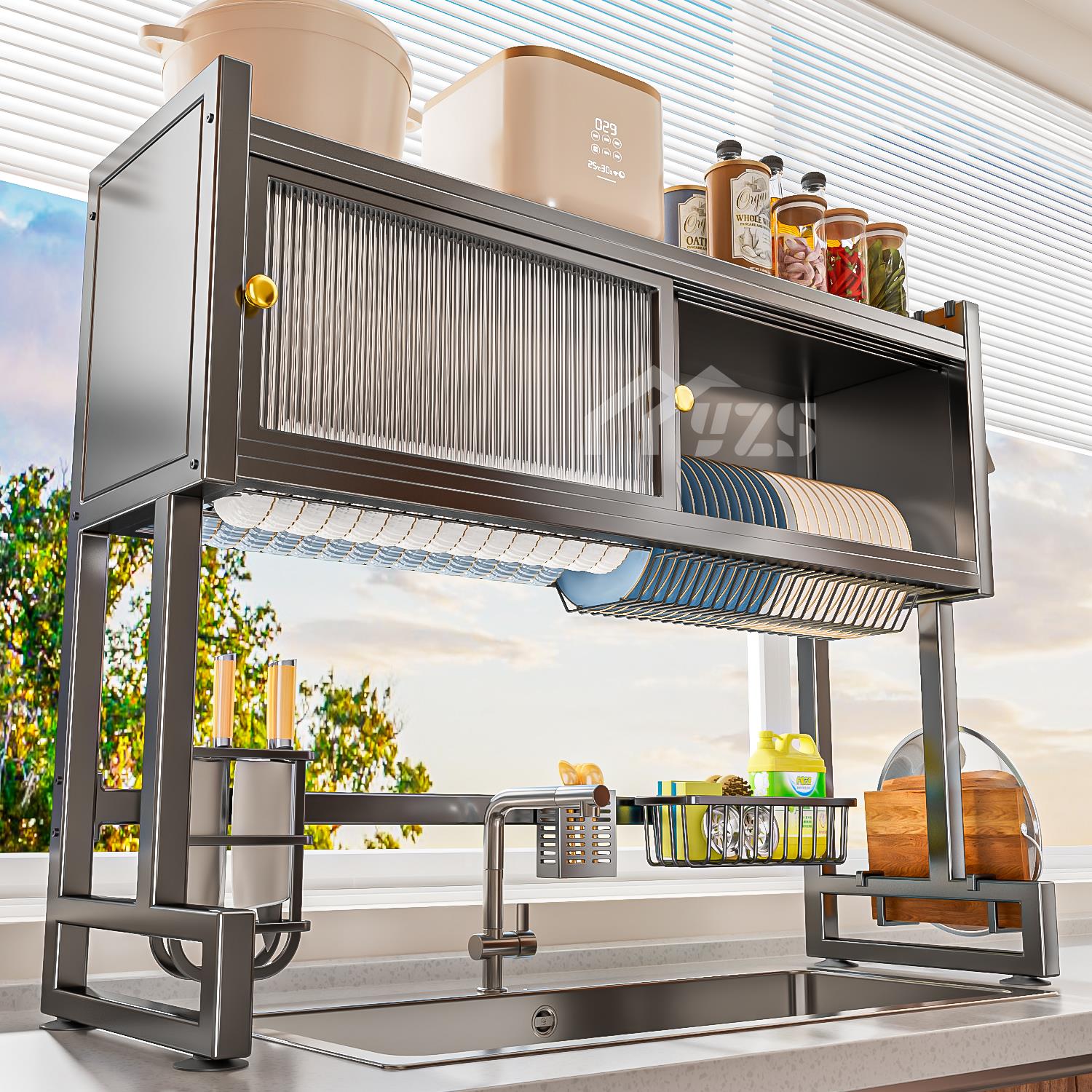 大容量防锈沥水碗碟架全能收纳拉门碳钢水槽架厨房多功能置物架