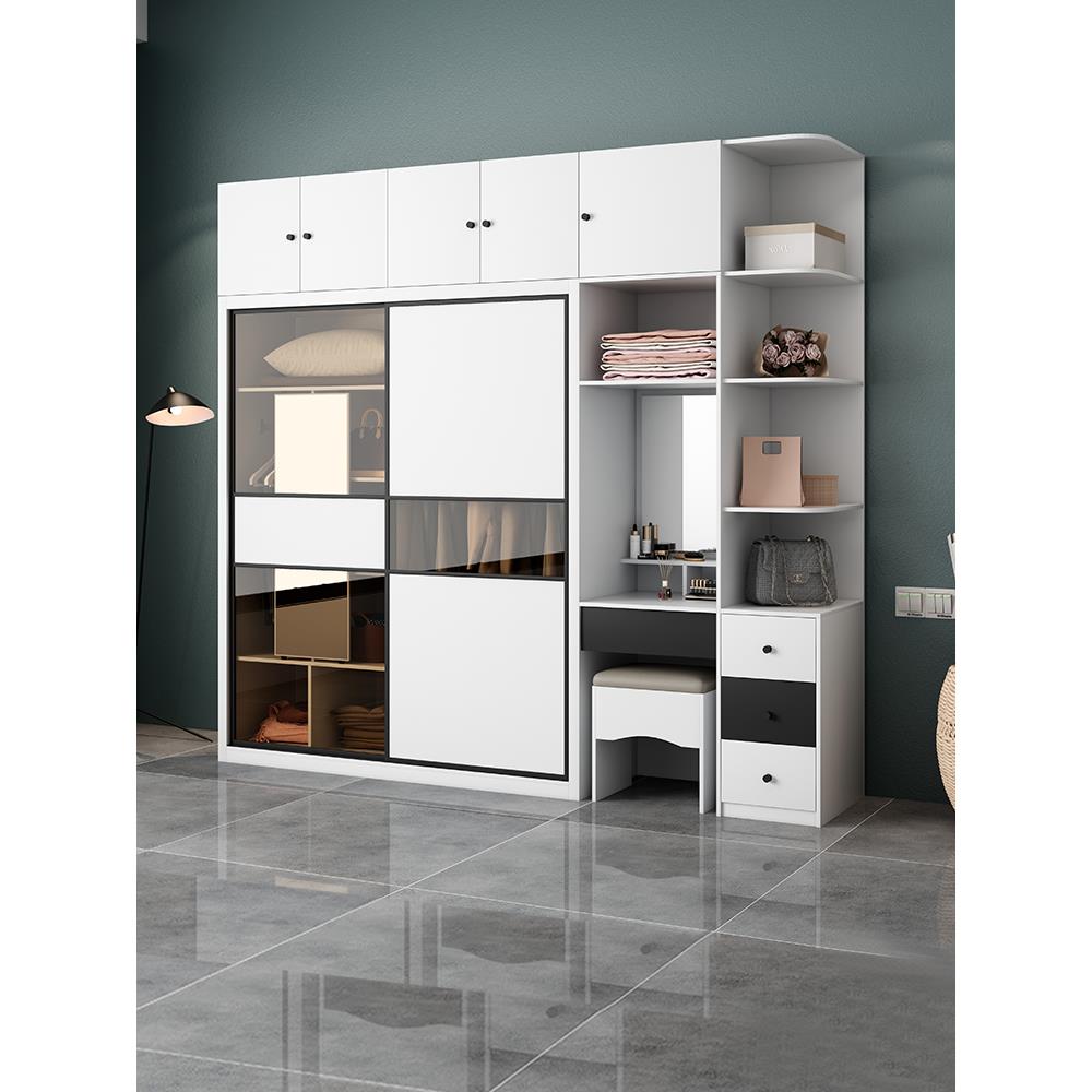 简约现代衣柜梳妆台一体推拉门衣柜白色玻璃门衣柜家用卧室大衣橱