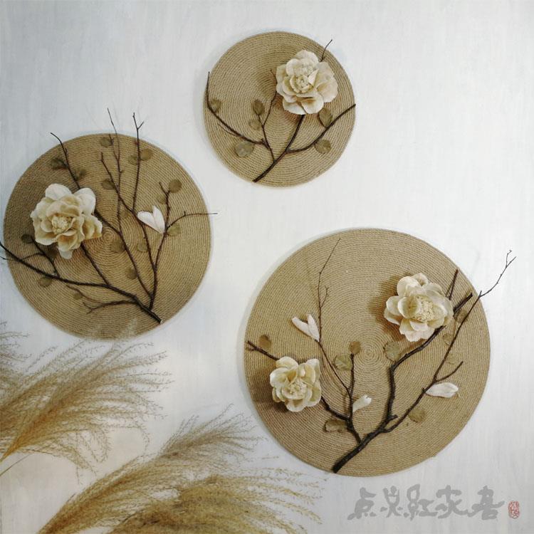 牡丹花麻绳圆形手工装饰画东南亚家居壁饰挂件干花怀旧玄关墙饰图片