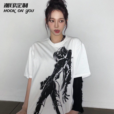 aespa宁艺卓柳智敏金玟庭同款印花短袖T恤上衣女2024新款宽松长袖