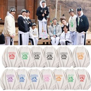 SEVENTEEN2025民宿综艺文俊辉尹净汉同款印花宽松圆领套头卫衣服