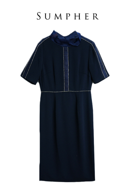 慕天姿冬专柜折扣精选品牌女装高端气质时尚藏蓝色连衣裙-17008