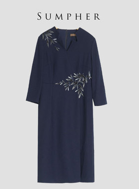 慕天姿精选品牌女装高端时尚气质百搭藏蓝色连衣裙慕天姿A4-17852