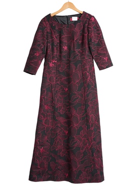 【六礼】A3品牌折扣女装高端洋气百搭气质通勤黑红花连衣裙-16053