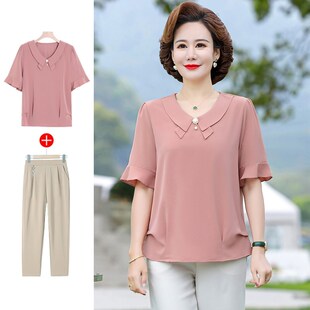 中年妈妈夏装上衣2024新款洋气中老年女短袖t恤雪纺小衫套装薄款