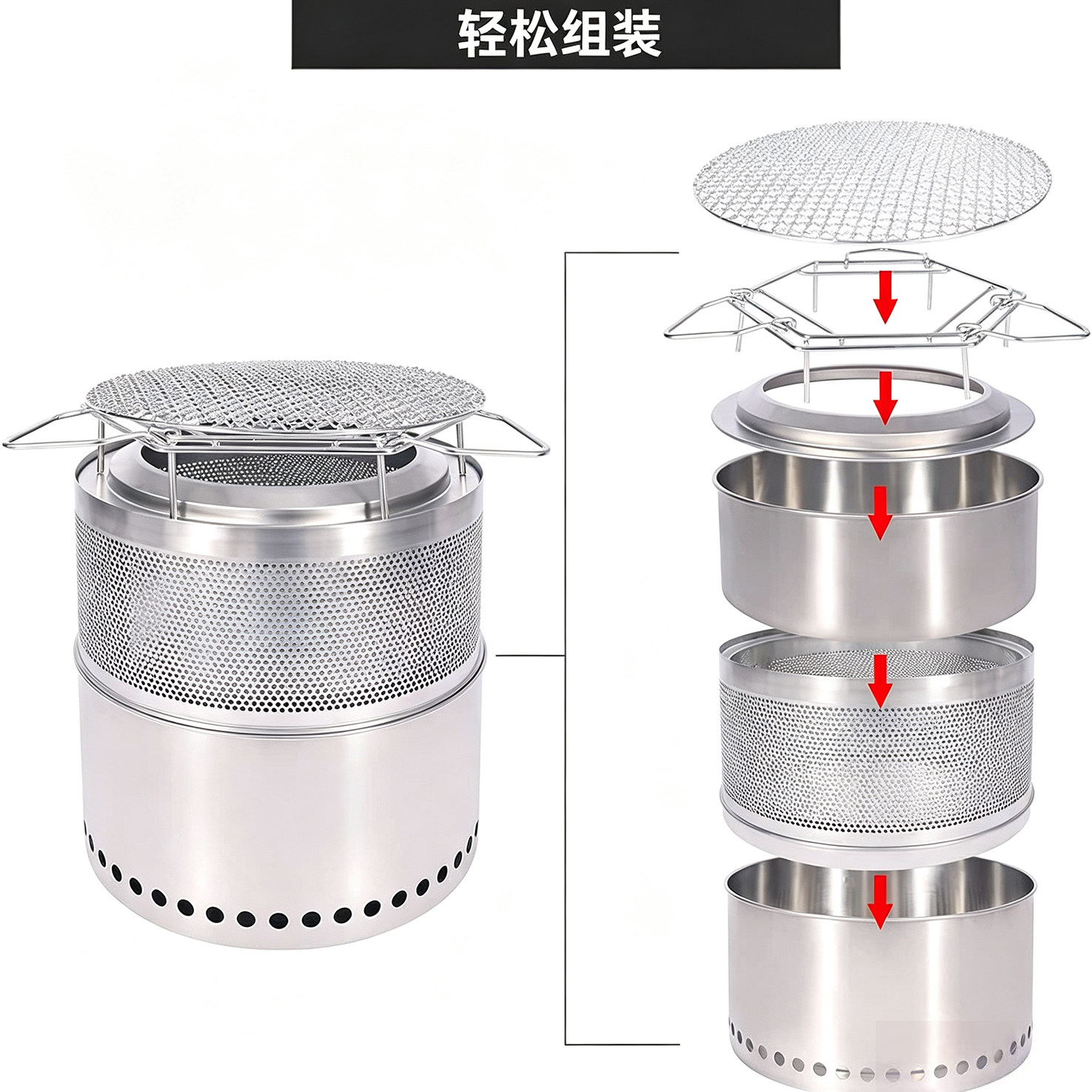 户外柴火炉圆桶形烧火炉露营地篝火炉野营烤火炉超大焚火炉不锈钢