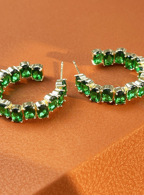 925银针绿色锆石C形耳圈耳环女欧美时尚夸张耳坠镶钻高级感a3002