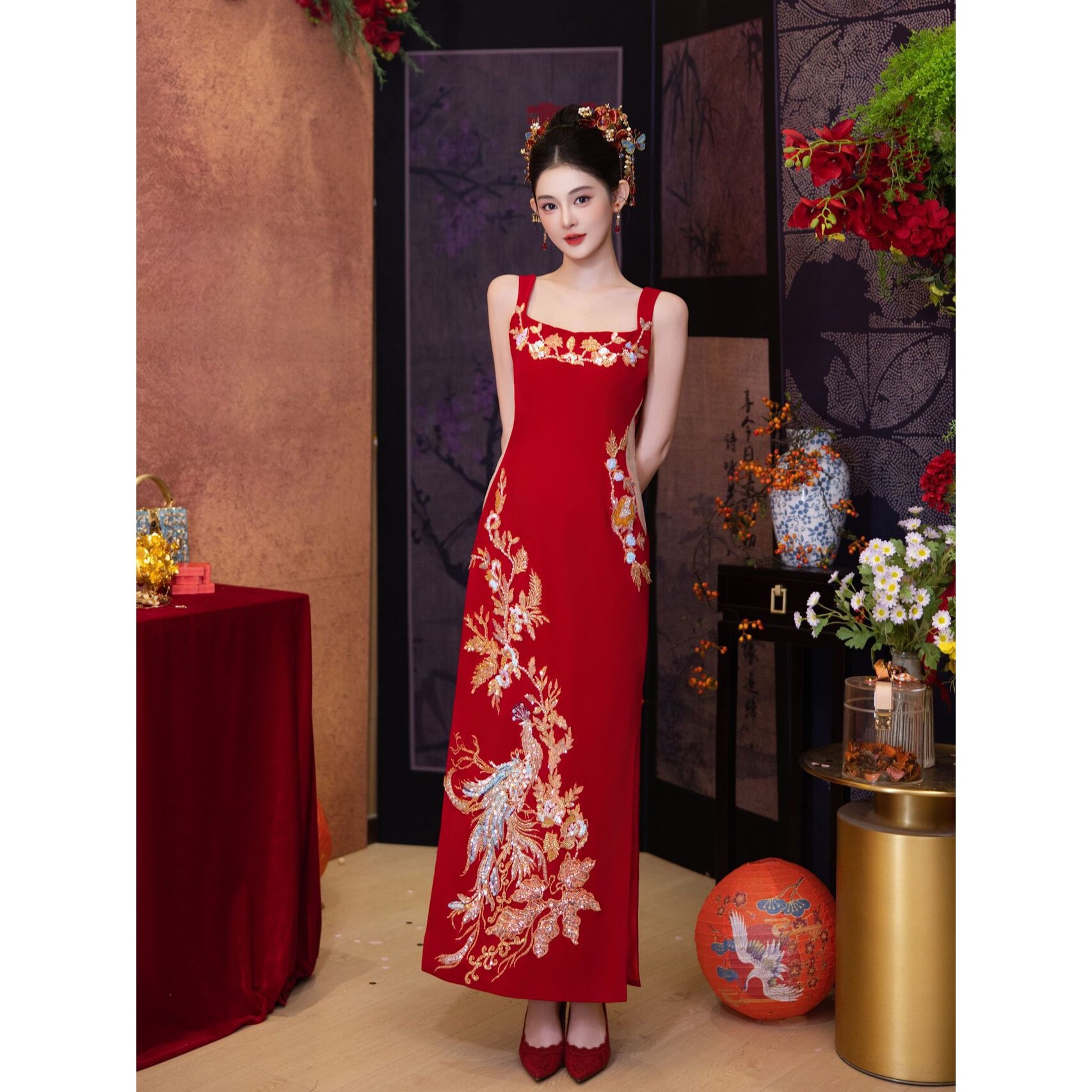 【花禧】秋季新款订婚旗袍新娘嫁衣结婚礼服新中式红色领证a5111