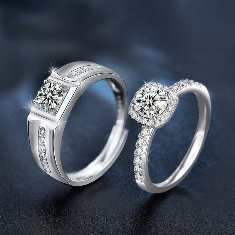 钻石之乡中国商丘925纯银情侣对戒钻戒莫桑石小方糖戒指轻奢a0109