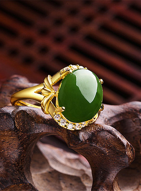 钻石之乡河南商丘金嘉华民族风镀镶和田碧玉戒指金镶玉绿玉a2431