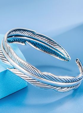 钻石之乡河南商丘花叶泰银黑羽毛手镯 日韩版个性潮箭头树叶a2441